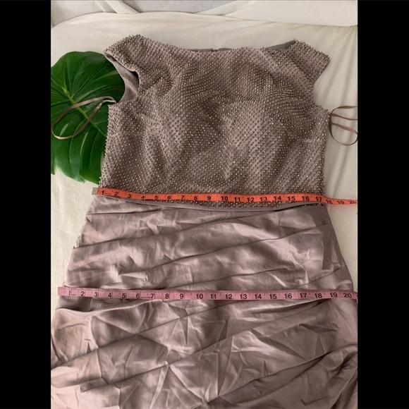 NEW La‎ Femme Beaded Top Ruched Crepe Satin Gown [SZ 14 ] - Picture 3 of 12